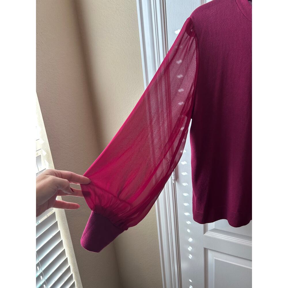 CeCe Size L Magenta Berry Tie-Neck Sweater Top with Sheer Balloon Sleeves - Picture 2 of 6